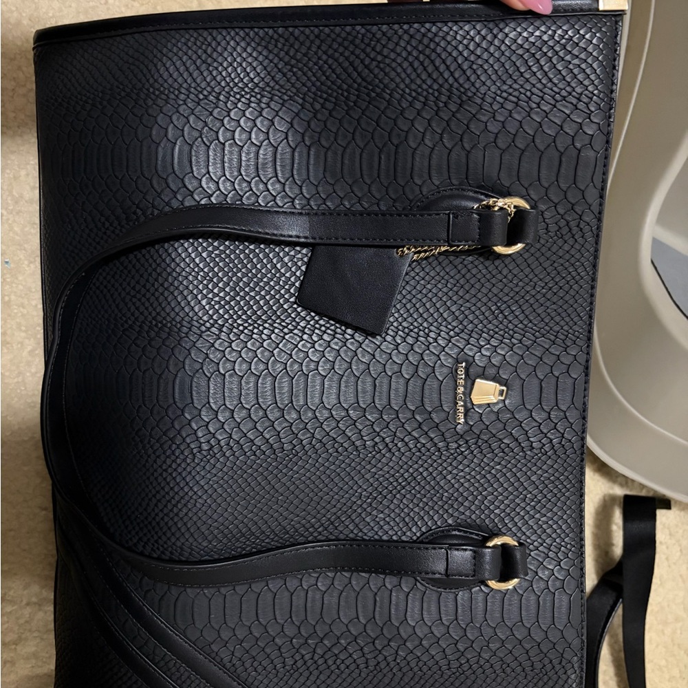 Black Textured Tote with Gold Accents